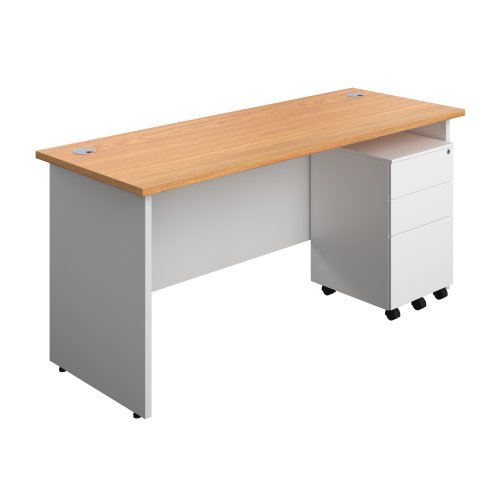 Panel Plus Rectangular Desk + 3 Drawer Steel Pedestal Bundle (FSC) 1600X600 Nova Oak/White