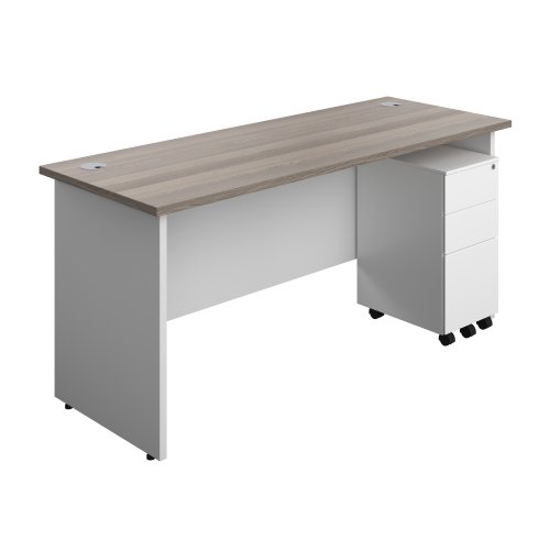 Panel Plus Rectangular Desk + 3 Drawer Slimline Steel Pedestal Bundle (FSC) 1600X600 Grey Oak/White