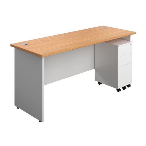 Panel Plus Rectangular Desk + 3 Drawer Slimline Steel Pedestal Bundle (FSC) 1600X600 Nova Oak/White