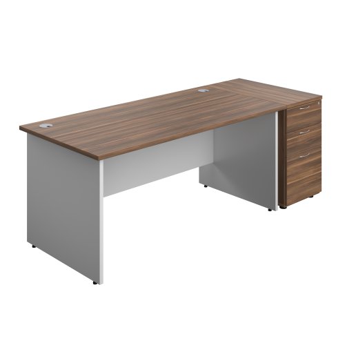 Panel Plus Rectangular Desk + Matching 3 Drawer Desk High Pedestal Bundle (FSC) 800 Pedestal 1600X800 Dark Walnut/White