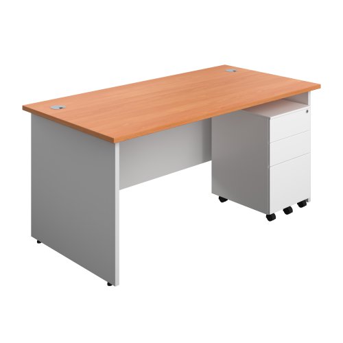 Panel Plus Rectangular Desk + 3 Drawer Steel Pedestal Bundle (FSC) 1600X800 Beech/White