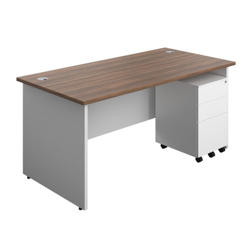 Panel Plus Rectangular Desk + 3 Drawer Steel Pedestal Bundle (FSC) 1600X800 Dark Walnut/White