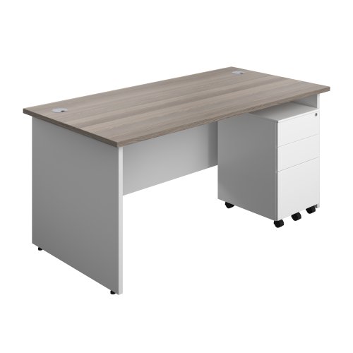 Panel Plus Rectangular Desk + 3 Drawer Steel Pedestal Bundle (FSC) 1600X800 Grey Oak/White