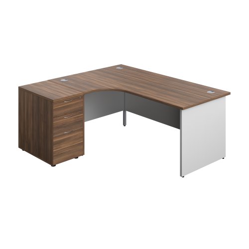 Panel Plus Left Radial Desk + Matching 3 Drawer Desk High Pedestal Bundle (FSC) 600 Pedestal 1800X1200 Dark Walnut/White