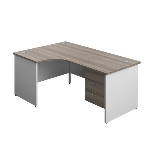 Panel Plus Left Radial Desk + 3 Drawer Fixed Pedestal Bundle (FSC) 1800X1200 Grey Oak/White
