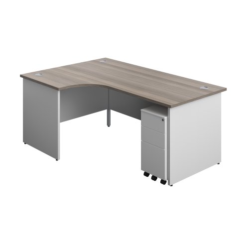 Panel Plus Left Radial Desk + 3 Drawer White Slimline Steel Mobile Pedestal Bundle (FSC) 1800X1200 Grey Oak/White