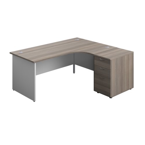 Panel Plus Right Radial Desk + Matching 3 Drawer Desk High Pedestal Bundle (FSC) 600 Pedestal 1800X1200 Grey Oak/White