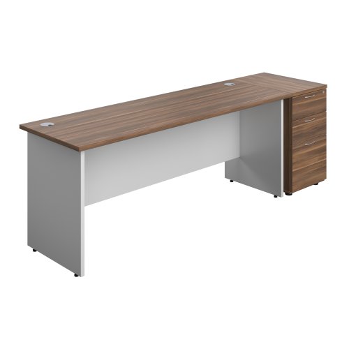 Panel Plus Rectangular Desk + Matching 3 Drawer Desk High Pedestal Bundle (FSC) 600 Pedestal 1800X600 Dark Walnut/White