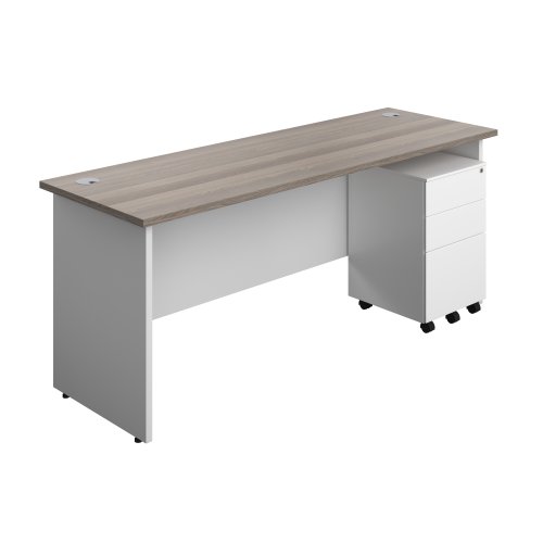 Panel Plus Rectangular Desk + 3 Drawer Steel Pedestal Bundle (FSC) 1800X600 Grey Oak/White