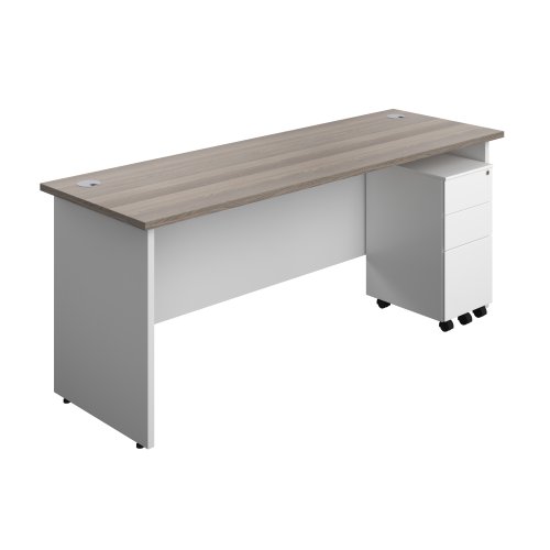 Panel Plus Rectangular Desk + 3 Drawer Slimline Steel Pedestal Bundle (FSC) 1800X600 Grey Oak/White