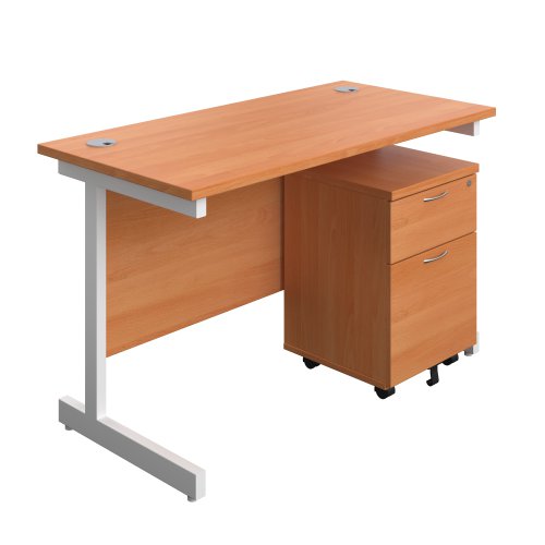Single Upright Rectangular Desk + Mobile 2 Drawer Pedestal (FSC) 1200 X 600 Beech/White