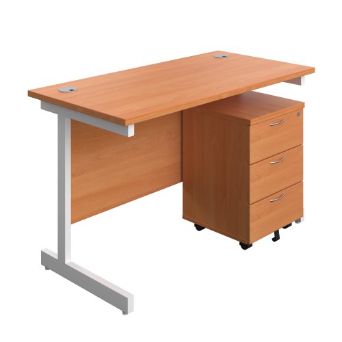 Single Upright Rectangular Desk + Mobile 3 Drawer Pedestal (FSC) 1200 X 600 Beech/White