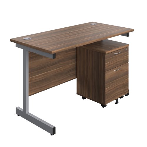 Single Upright Rectangular Desk + Mobile 2 Drawer Pedestal (FSC) 1200 X 600 Dark Walnut/Silver