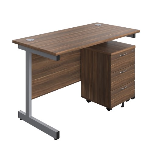 Single Upright Rectangular Desk + Mobile 3 Drawer Pedestal (FSC) 1200 X 600 Dark Walnut/Silver