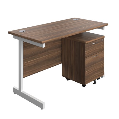 Single Upright Rectangular Desk + Mobile 2 Drawer Pedestal (FSC) 1200 X 600 Dark Walnut/White