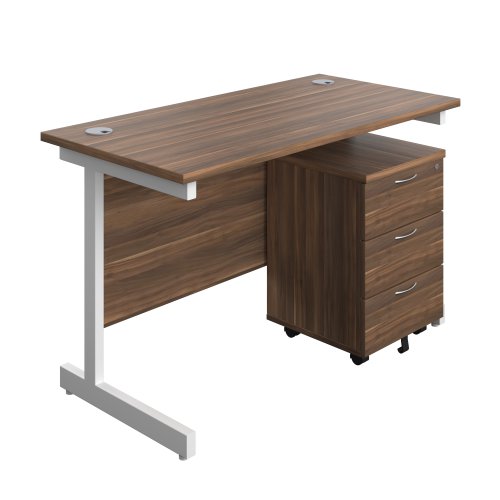 Single Upright Rectangular Desk + Mobile 3 Drawer Pedestal (FSC) 1200 X 600 Dark Walnut/White