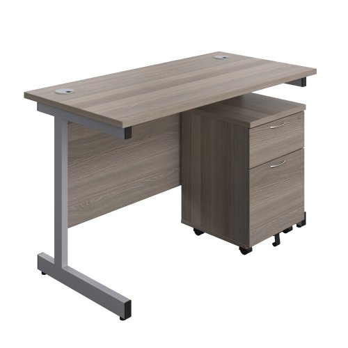 Single Upright Rectangular Desk + Mobile 2 Drawer Pedestal (FSC) 1200 X 600 Grey Oak/Silver