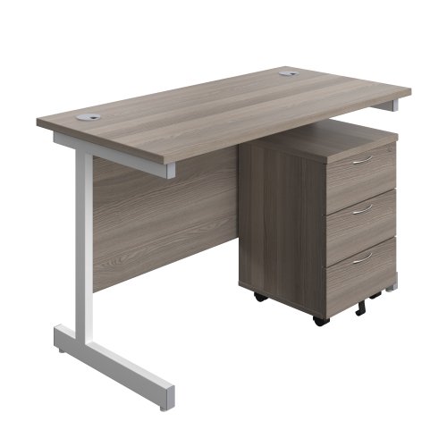 Single Upright Rectangular Desk + Mobile 3 Drawer Pedestal (FSC) 1200 X 600 Grey Oak/White
