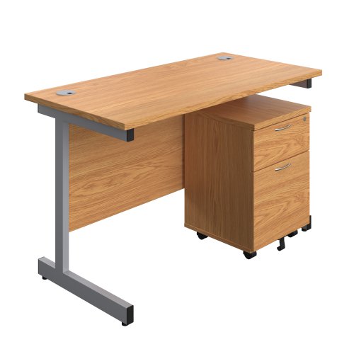 Single Upright Rectangular Desk + Mobile 2 Drawer Pedestal (FSC) 1200 X 600 Nova Oak/Silver
