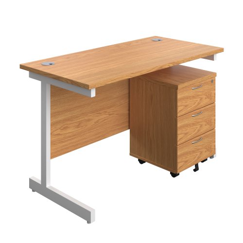 Single Upright Rectangular Desk + Mobile 3 Drawer Pedestal (FSC) 1200 X 600 Nova Oak/White