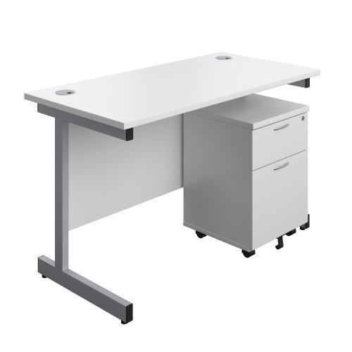 Single Upright Rectangular Desk + Mobile 2 Drawer Pedestal (FSC) 1200 X 600 White/Silver