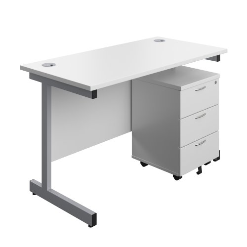 Single Upright Rectangular Desk + Mobile 3 Drawer Pedestal (FSC) 1200 X 600 White/Silver