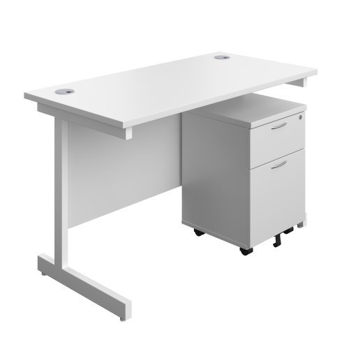 Single Upright Rectangular Desk + Mobile 2 Drawer Pedestal (FSC) 1200 X 600 White/White
