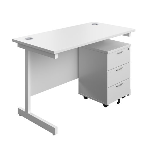 Single Upright Rectangular Desk + Mobile 3 Drawer Pedestal (FSC) 1200 X 600 White/White