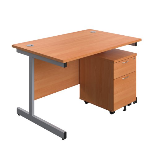 Single Upright Rectangular Desk + Mobile 2 Drawer Pedestal (FSC) 1200 X 800 Beech/Silver