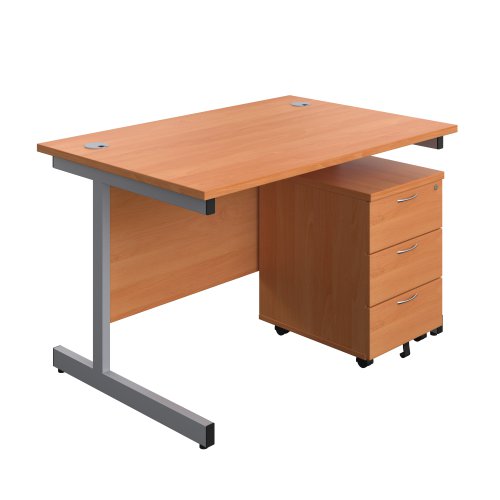 Single Upright Rectangular Desk + Mobile 3 Drawer Pedestal (FSC) 1200 X 800 Beech/Silver
