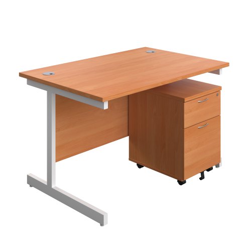 Single Upright Rectangular Desk + Mobile 2 Drawer Pedestal (FSC) 1200 X 800 Beech/White