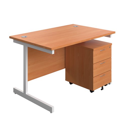 Single Upright Rectangular Desk + Mobile 3 Drawer Pedestal (FSC) 1200 X 800 Beech/White