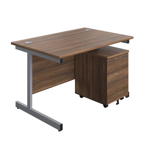 Single Upright Rectangular Desk + Mobile 2 Drawer Pedestal (FSC) 1200 X 800 Dark Walnut/Silver