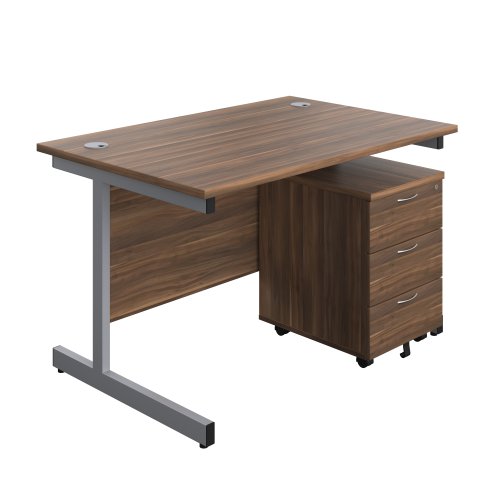 Single Upright Rectangular Desk + Mobile 3 Drawer Pedestal (FSC) 1200 X 800 Dark Walnut/Silver