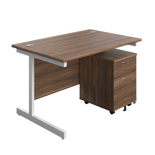 Single Upright Rectangular Desk + Mobile 2 Drawer Pedestal (FSC) 1200 X 800 Dark Walnut/White