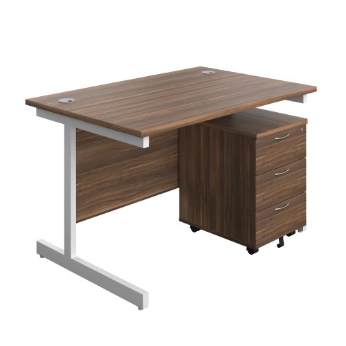 Single Upright Rectangular Desk + Mobile 3 Drawer Pedestal (FSC) 1200 X 800 Dark Walnut/White