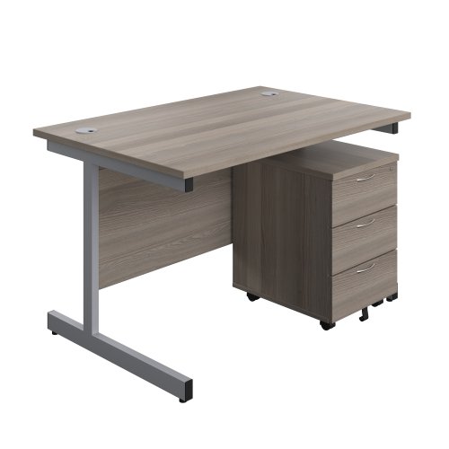 Single Upright Rectangular Desk + Mobile 3 Drawer Pedestal (FSC) 1200 X 800 Grey Oak/Silver