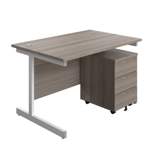Single Upright Rectangular Desk + Mobile 3 Drawer Pedestal (FSC) 1200 X 800 Grey Oak/White