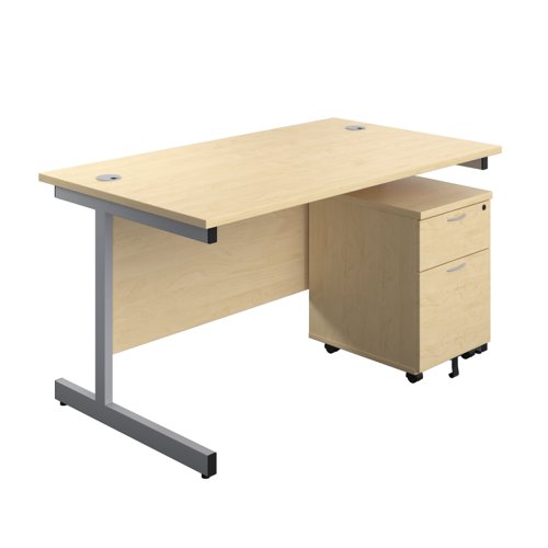 Single Upright Rectangular Desk + Mobile 2 Drawer Pedestal (FSC) 1200 X 800 Maple/Silver