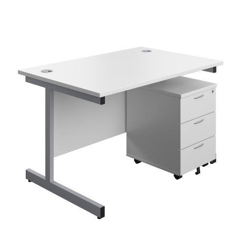 Single Upright Rectangular Desk + Mobile 3 Drawer Pedestal (FSC) 1200 X 800 White/Silver
