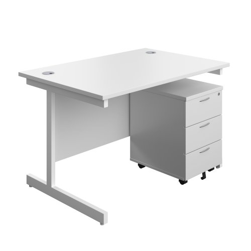 Single Upright Rectangular Desk + Mobile 3 Drawer Pedestal (FSC) 1200 X 800 White/White