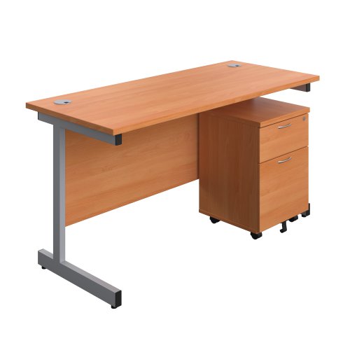 Single Upright Rectangular Desk + Mobile 2 Drawer Pedestal (FSC) 1400 X 600 Beech/Silver