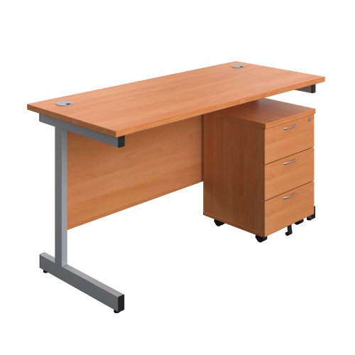 Single Upright Rectangular Desk + Mobile 3 Drawer Pedestal (FSC) 1400 X 600 Beech/Silver