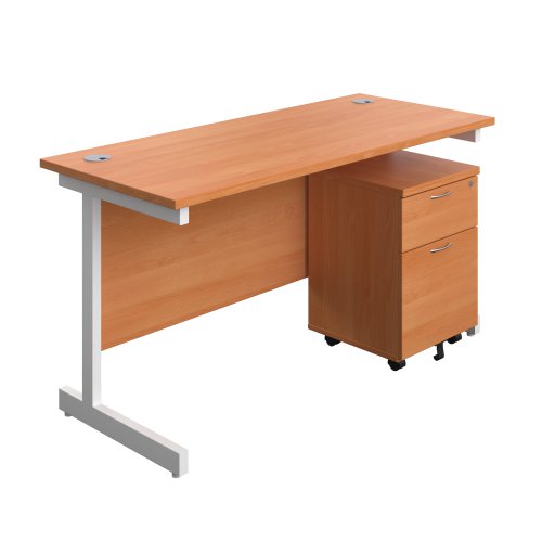 Single Upright Rectangular Desk + Mobile 2 Drawer Pedestal (FSC) 1400 X 600 Beech/White