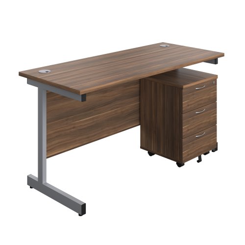 Single Upright Rectangular Desk + Mobile 3 Drawer Pedestal (FSC) 1400 X 600 Dark Walnut/Silver