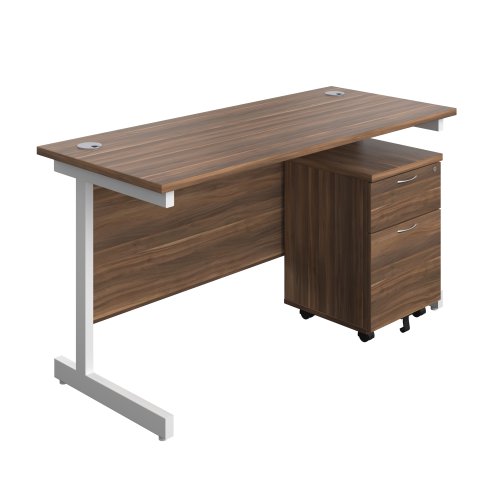 Single Upright Rectangular Desk + Mobile 2 Drawer Pedestal (FSC) 1400 X 600 Dark Walnut/White