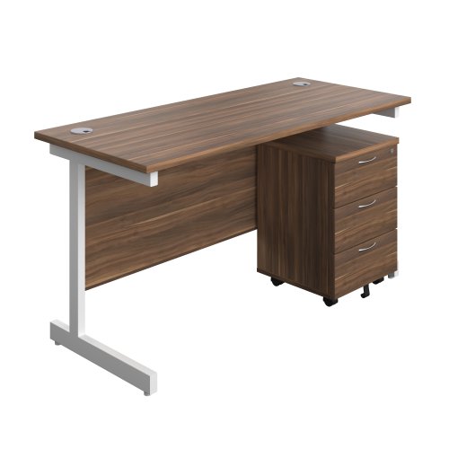 Single Upright Rectangular Desk + Mobile 3 Drawer Pedestal (FSC) 1400 X 600 Dark Walnut/White