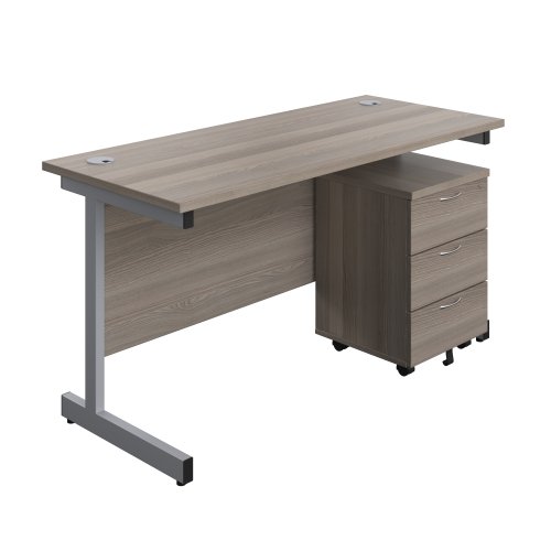 Single Upright Rectangular Desk + Mobile 3 Drawer Pedestal (FSC) 1400 X 600 Grey Oak/Silver