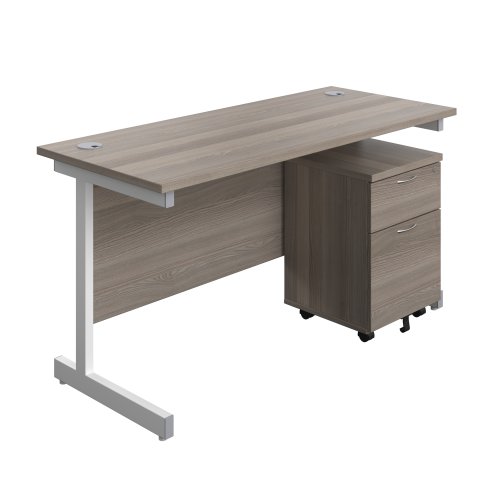 Single Upright Rectangular Desk + Mobile 2 Drawer Pedestal (FSC) 1400 X 600 Grey Oak/White