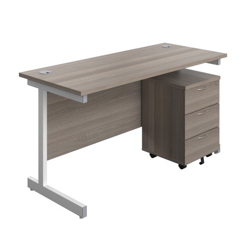 Single Upright Rectangular Desk + Mobile 3 Drawer Pedestal (FSC) 1400 X 600 Grey Oak/White